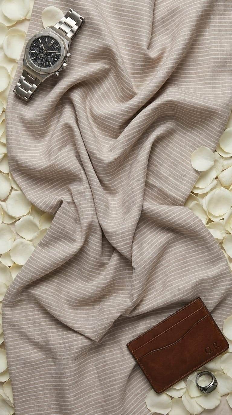 Beige Cotton Linen Fabric with White Horizontal Lines