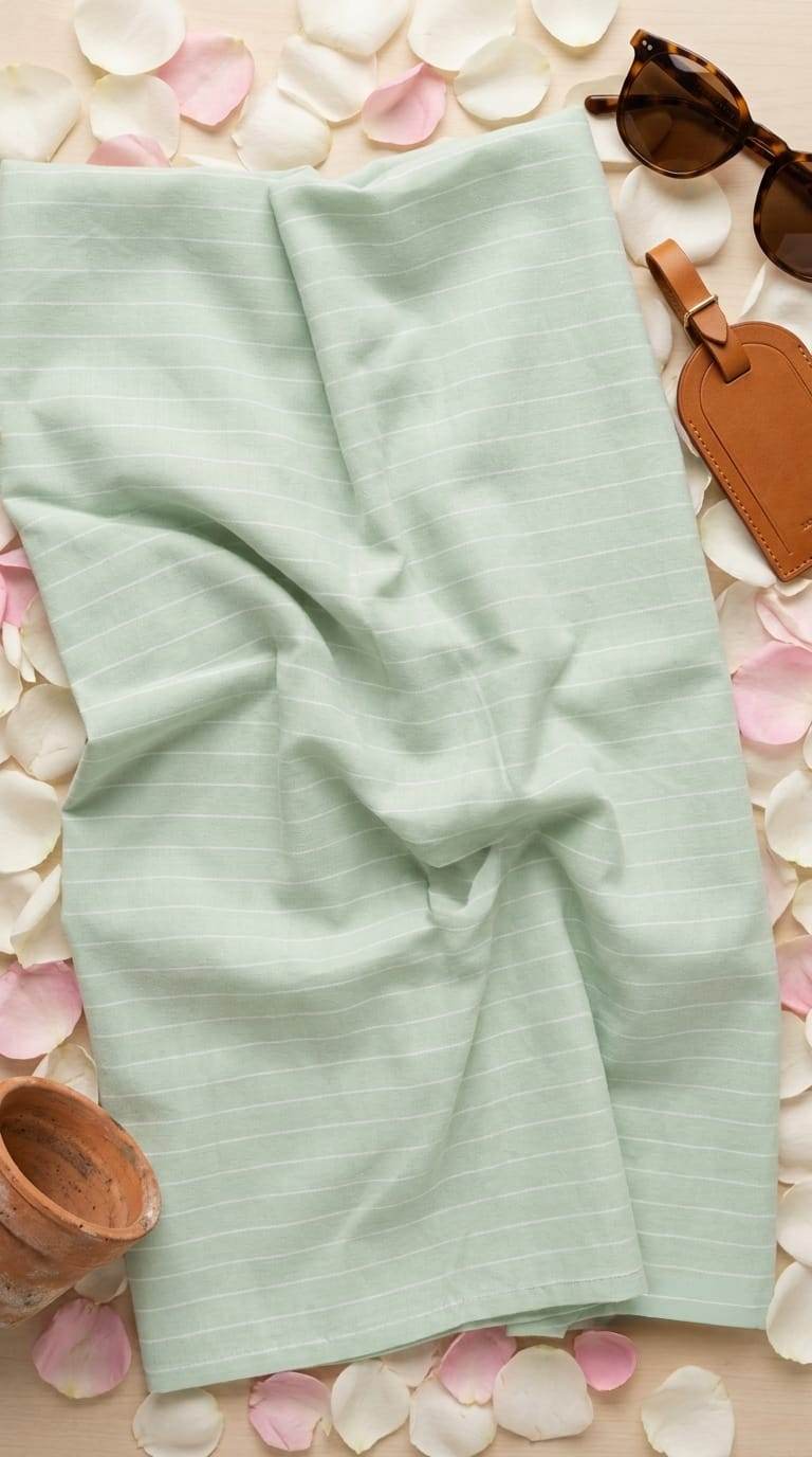 Soft Pastel Sage Green with clean, subtle white horizontal pinstripes Cotton linen fabric