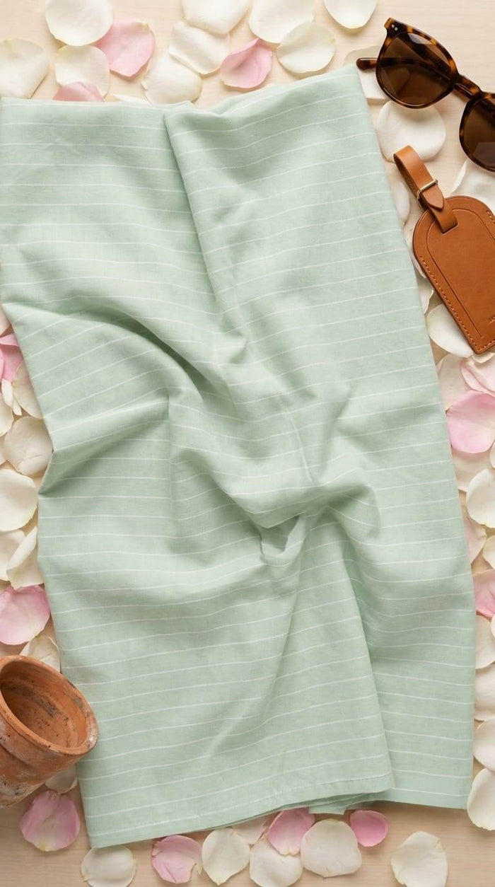 Soft Pastel Sage Green with White Horizontal Pinstripes Cotton Linen Fabric