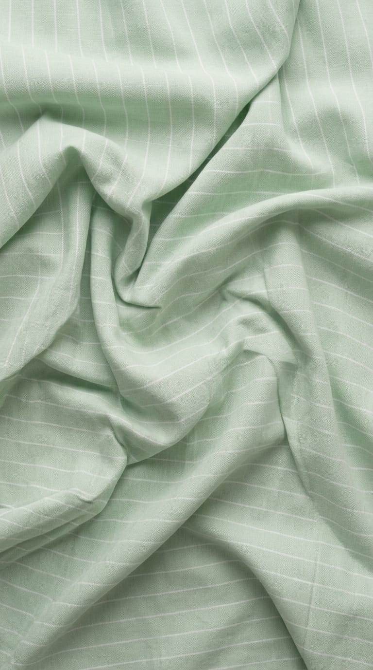 Soft Pastel Sage Green with clean, subtle white horizontal pinstripes Cotton linen fabric