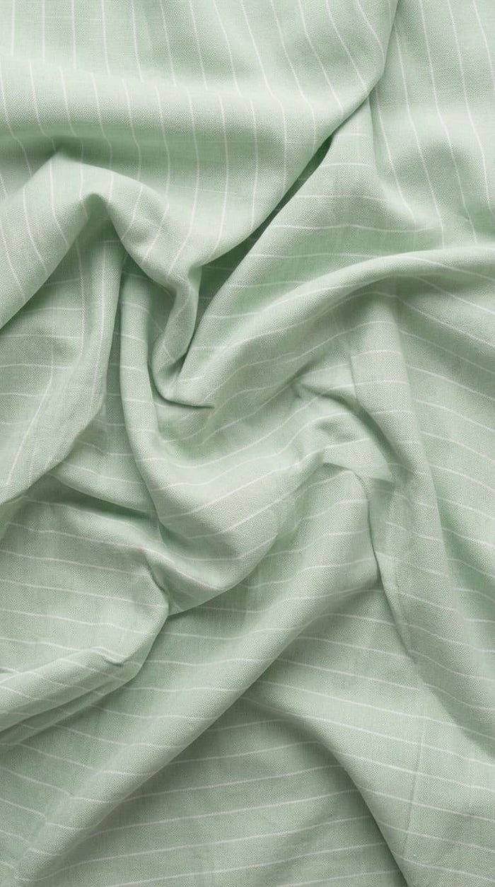 Soft Pastel Sage Green with White Horizontal Pinstripes Cotton Linen Fabric