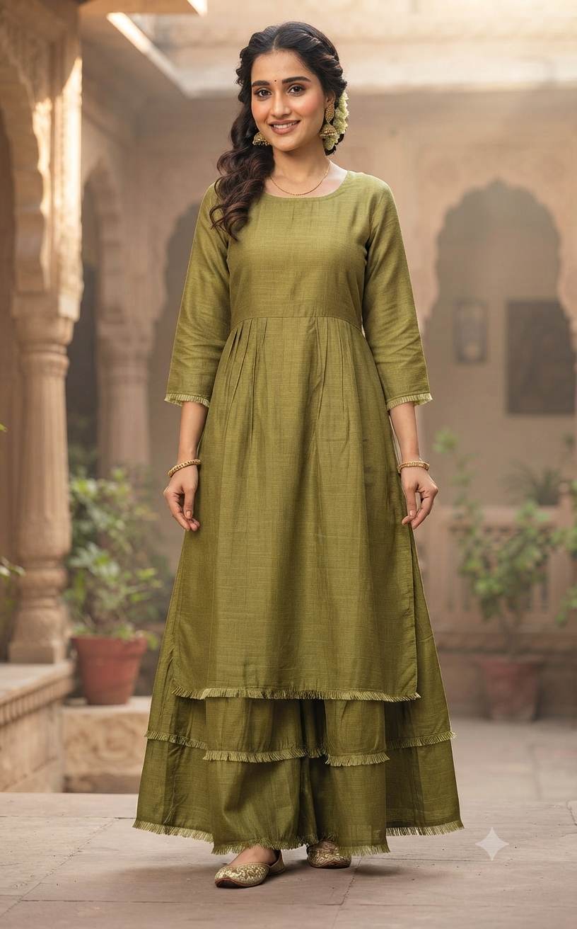 Solid Olive Green  Mul Chanderi Fabric (Big Width)