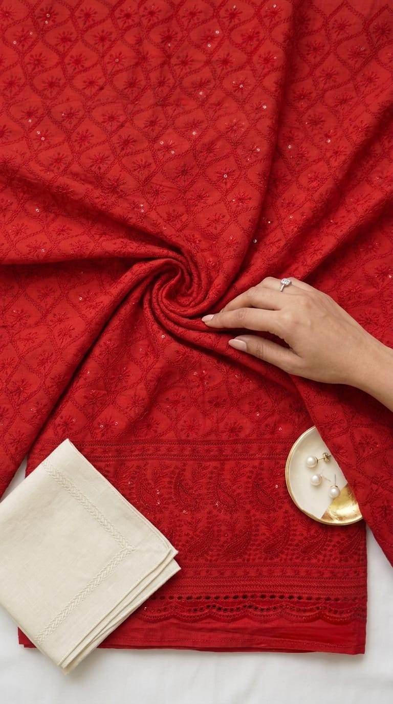 Chikankari Embroidered Red Cotton Fabric with Sequins work