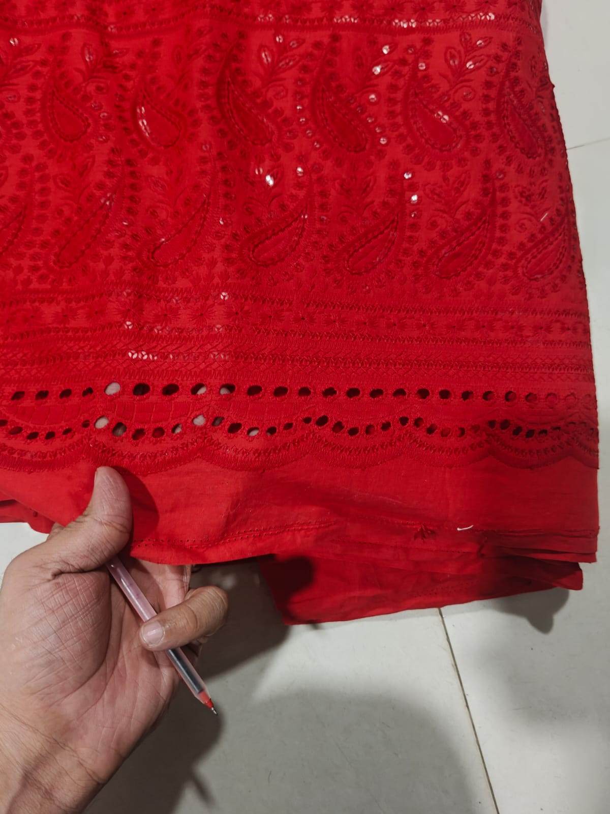 Chikankari Embroidered Red Cotton Fabric with Sequins work
