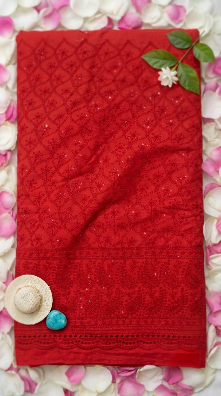 Chikankari Embroidered Red Cotton Fabric with Sequins work
