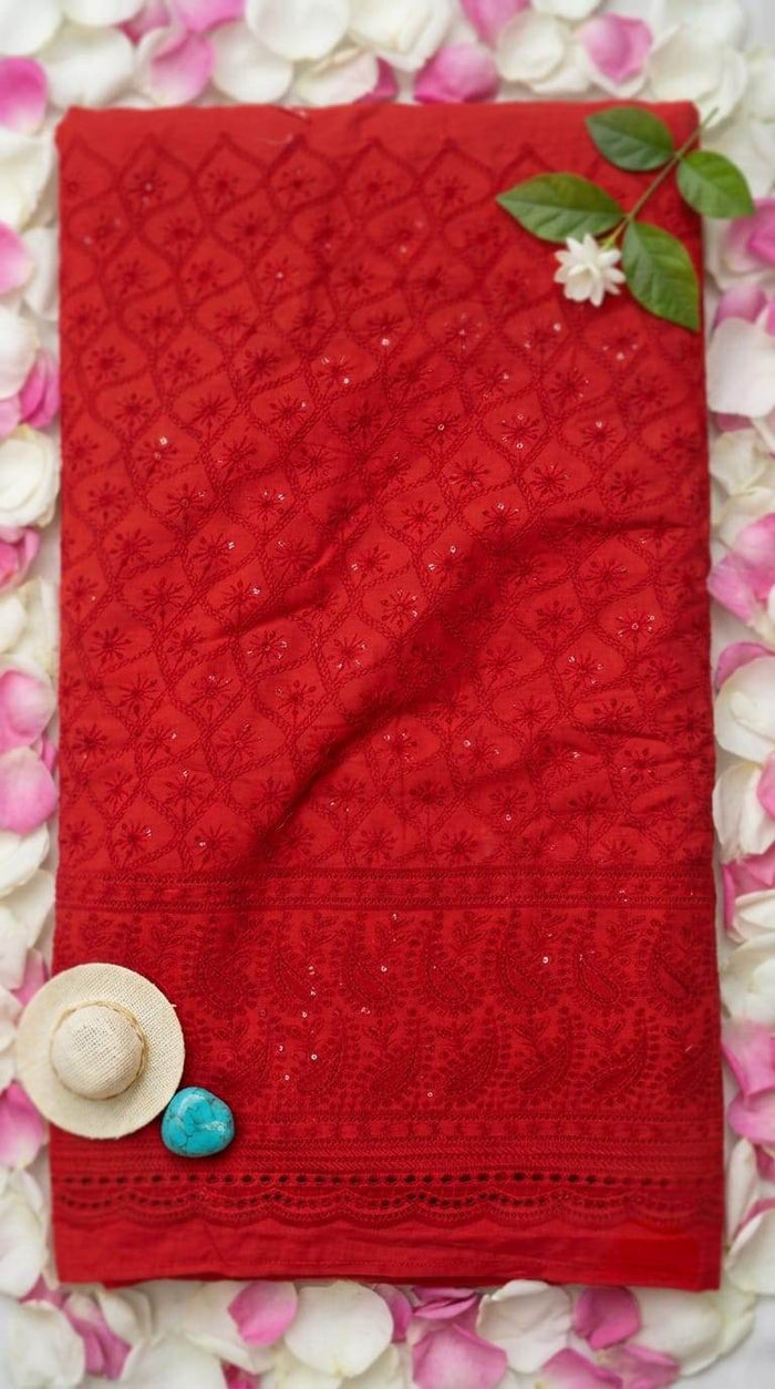 Chikankari Embroidered Red Cotton Fabric with Sequins work