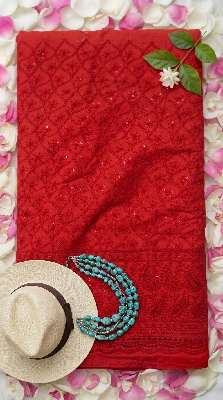 Chikankari Embroidered Red Cotton Fabric with Sequins work
