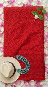 Chikankari Embroidered Red Cotton Fabric with Sequins work