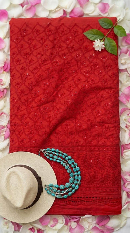 Chikankari Embroidered Red Cotton Fabric with Sequins Work – Fabrics & More