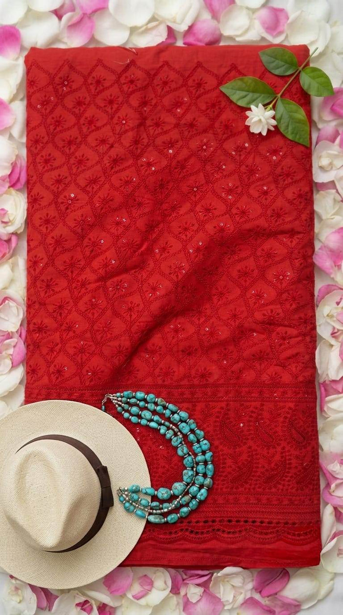 Chikankari Embroidered Red Cotton Fabric with Sequins work