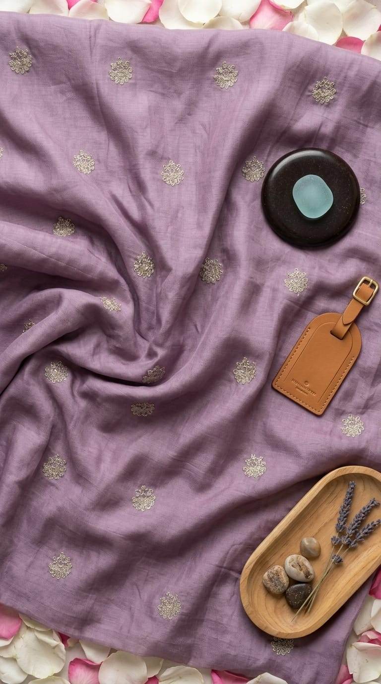 Golden Glitter Thread Embroidered Motifs on Mauve Chanderi Silk Fabric