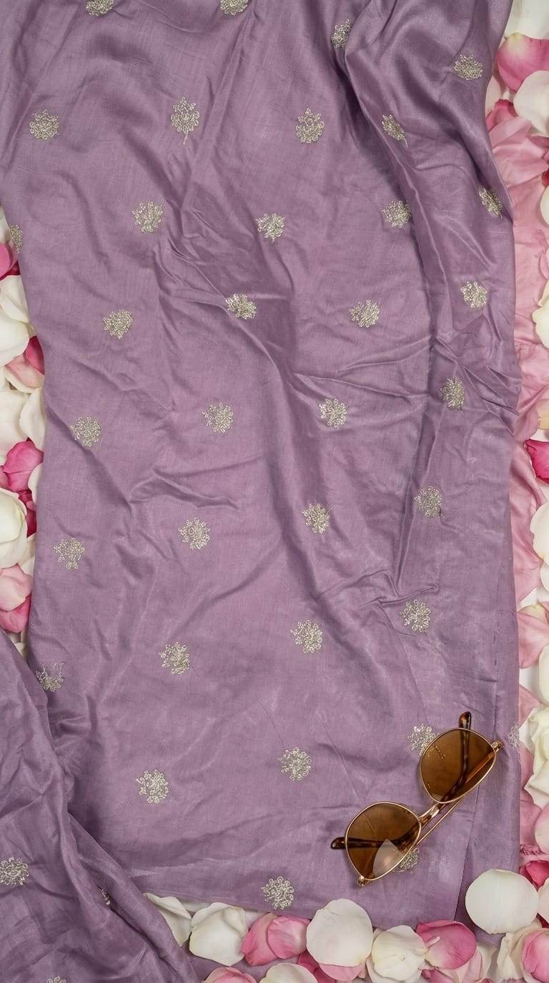 Golden Glitter Thread Embroidered Motifs on Mauve Chanderi Silk Fabric
