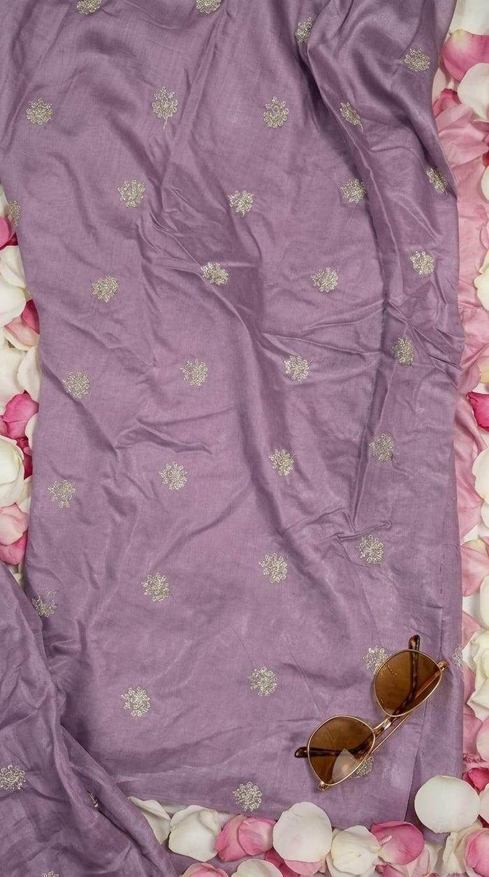 Golden Glitter Thread Embroidered Motifs on Mauve Chanderi Silk Fabric