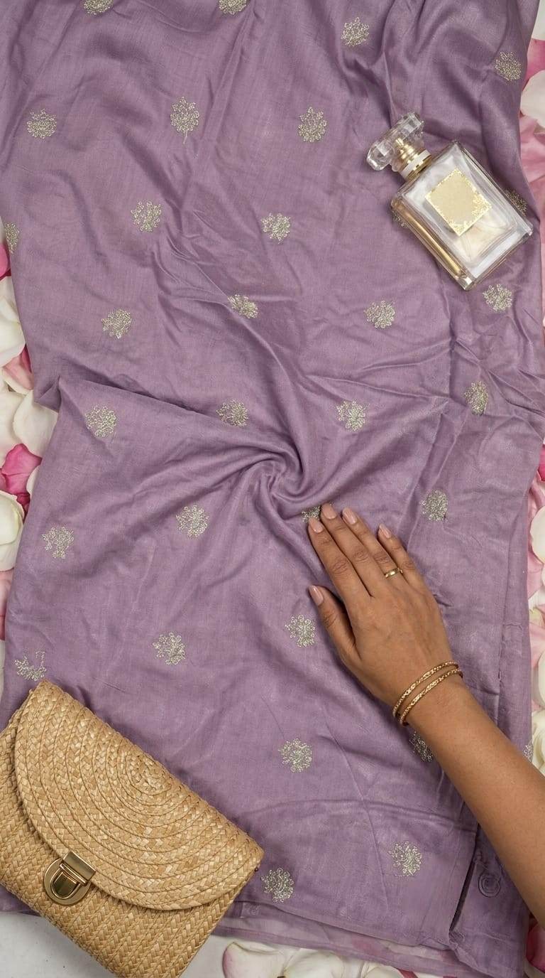 Golden Glitter Thread Embroidered Motifs on Mauve Chanderi Silk Fabric
