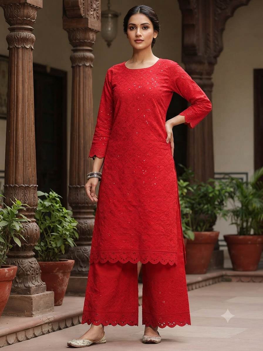 Chikankari Embroidered Red Cotton Fabric with Sequins work
