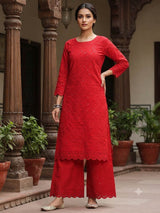 Chikankari Embroidered Red Cotton Fabric with Sequins work
