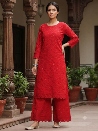 Chikankari Embroidered Red Cotton Fabric with Sequins Work – fabric drape