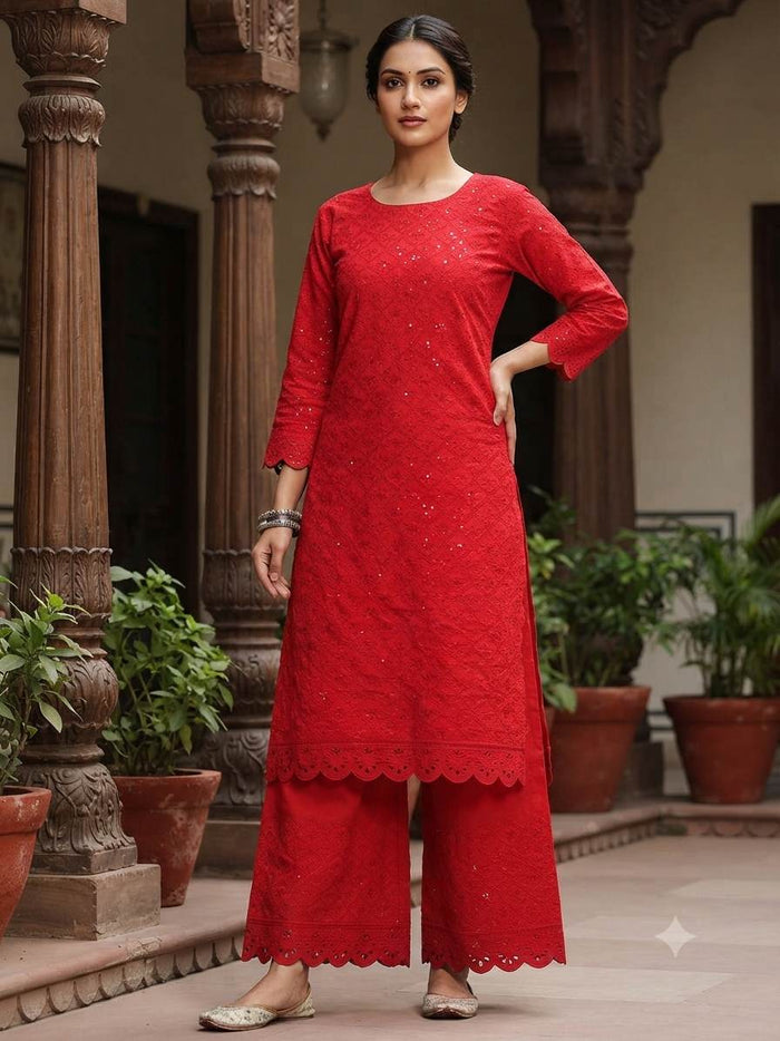 Chikankari Embroidered Red Cotton Fabric with Sequins work