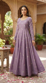 Golden Glitter Thread Embroidered Motifs on Mauve Chanderi Silk Fabric