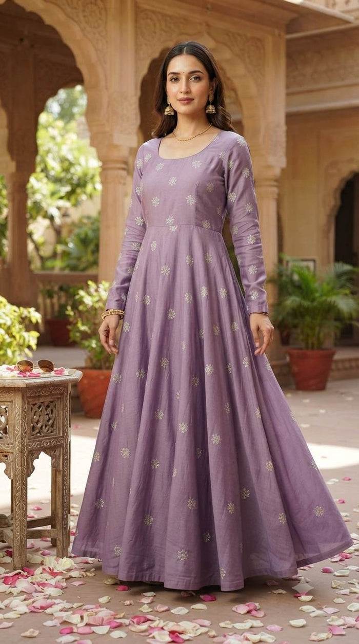 Golden Glitter Thread Embroidered Motifs on Mauve Chanderi Silk Fabric