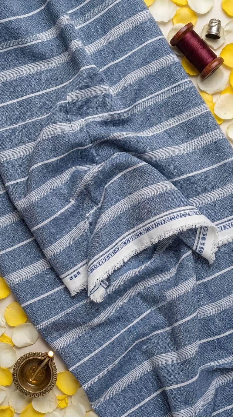 Denim Blue with white Thin & Wide strips Cotton Linen Fabric