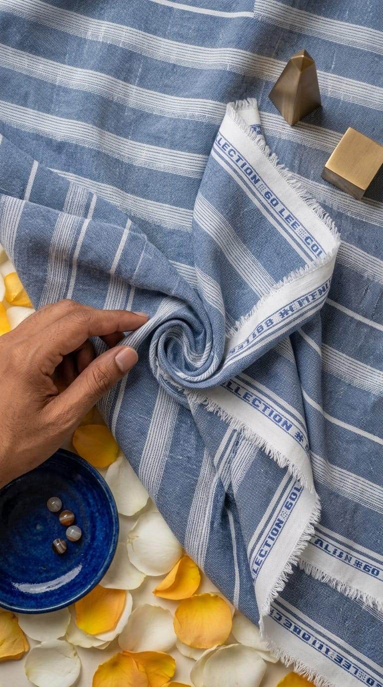 Denim Blue with white Thin & Wide strips Cotton Linen Fabric