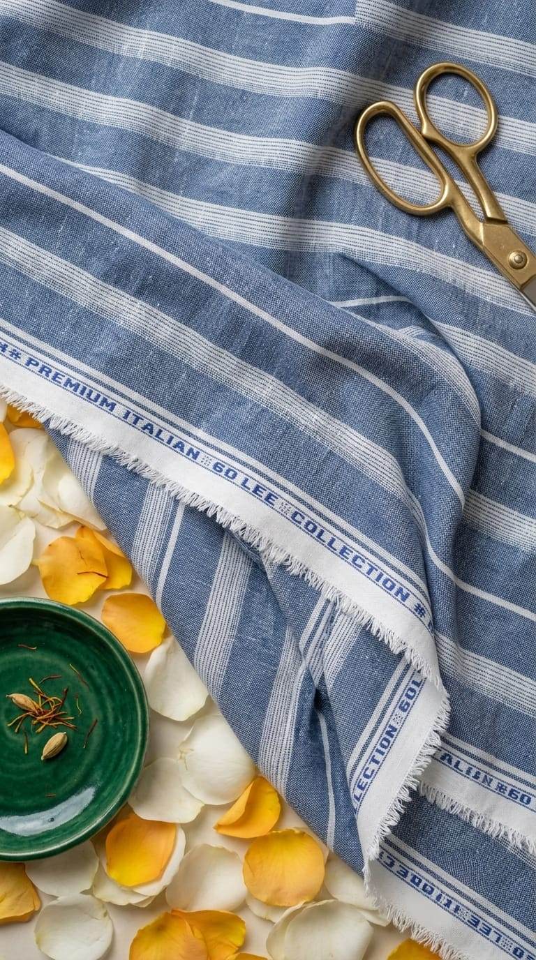 Denim Blue with white Thin & Wide strips Cotton Linen Fabric