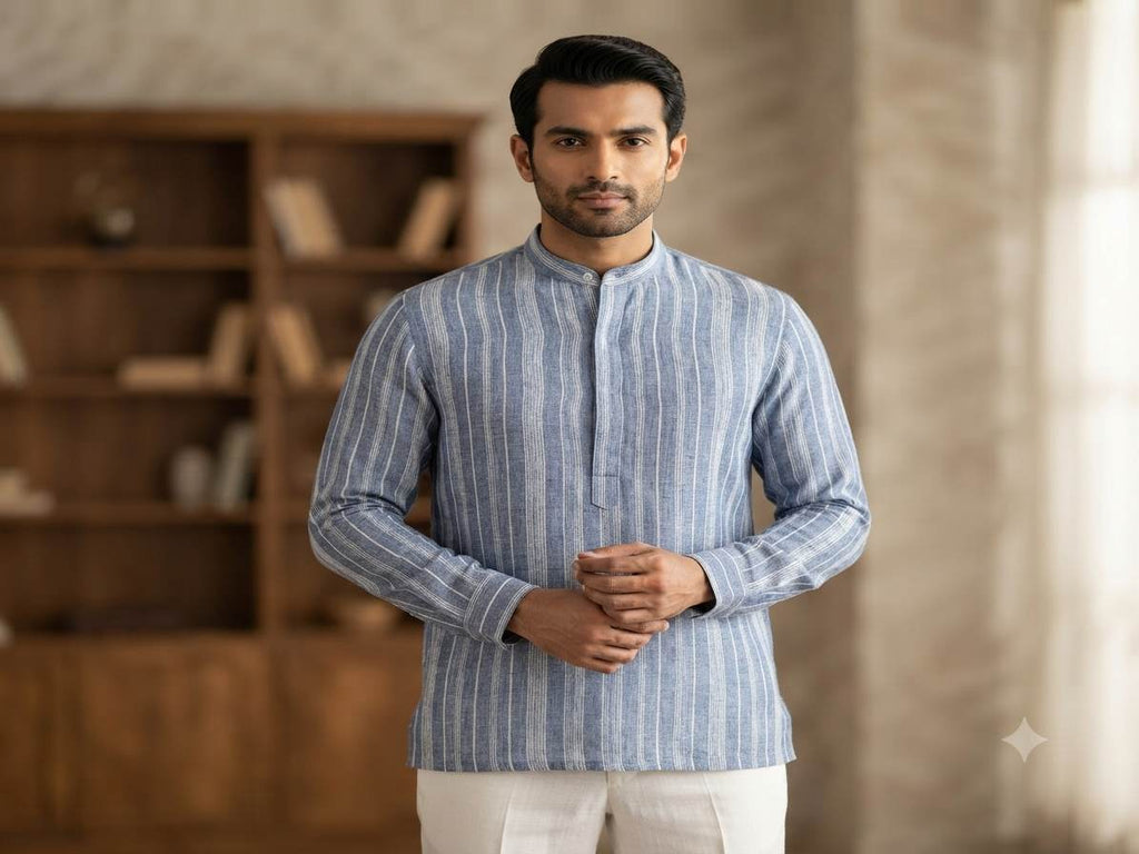 Denim Blue with white Thin & Wide strips Cotton Linen Fabric