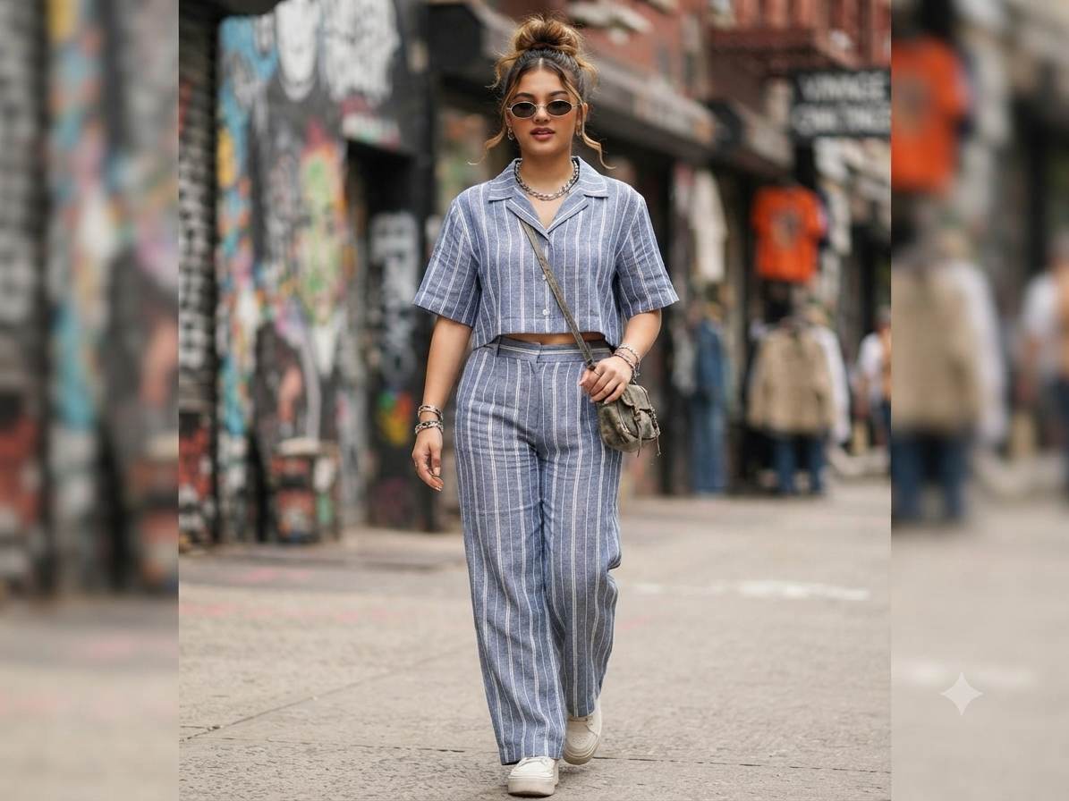 Denim Blue with white Thin & Wide strips Cotton Linen Fabric