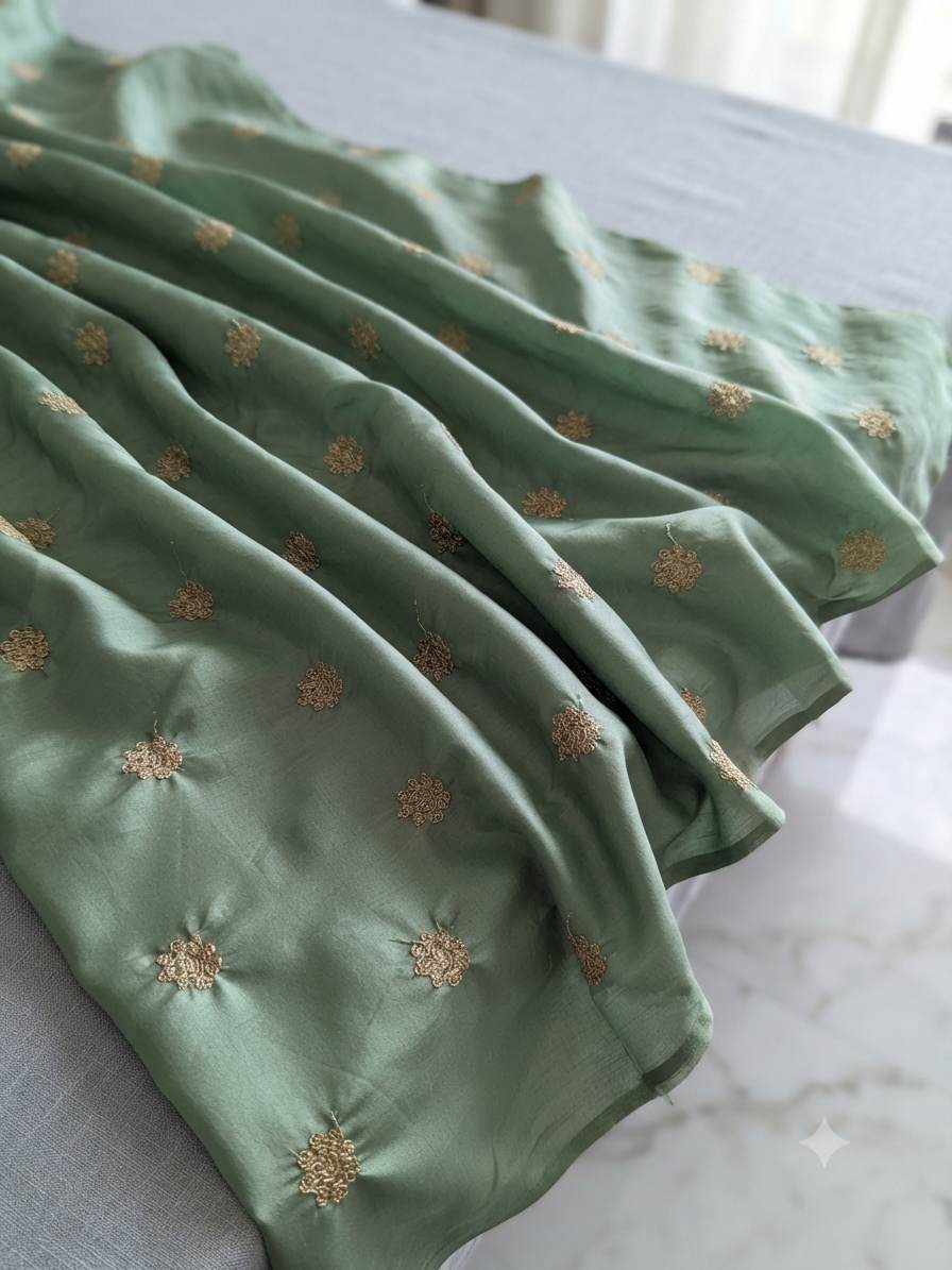 Golden Glitter Thread Embroidered Motifs on Mint Green Malai Chanderi Silk Fabric
