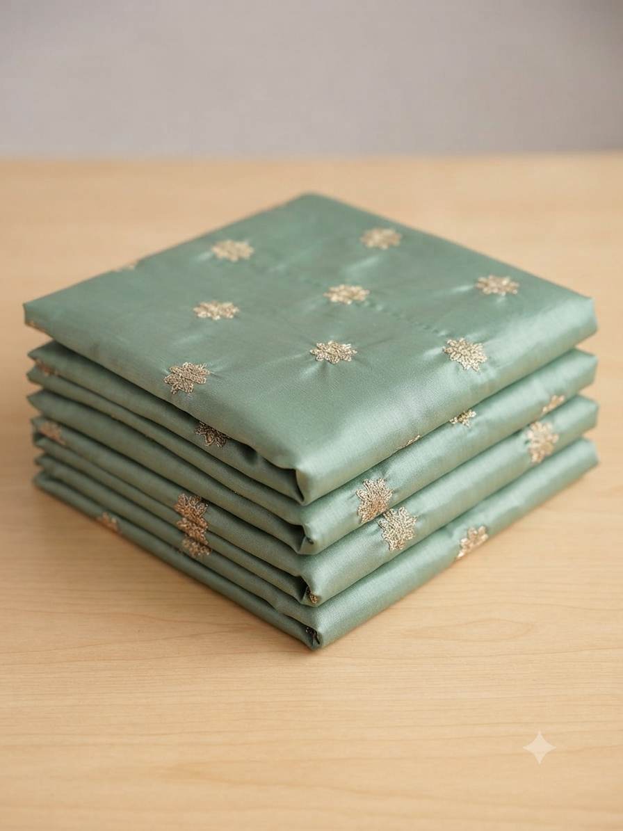 Golden Glitter Thread Embroidered Motifs on Mint Green Malai Chanderi Silk Fabric