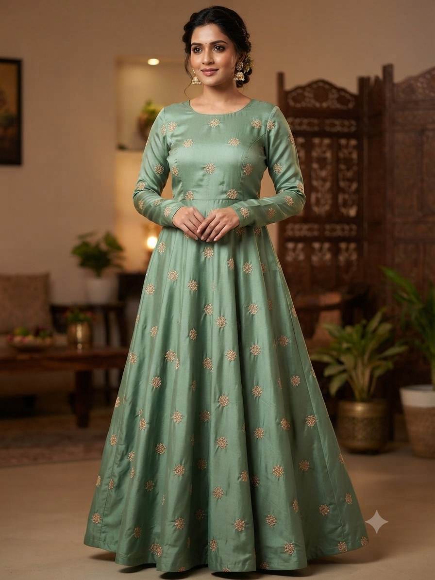 Golden Glitter Thread Embroidered Motifs on Mint Green Malai Chanderi Silk Fabric