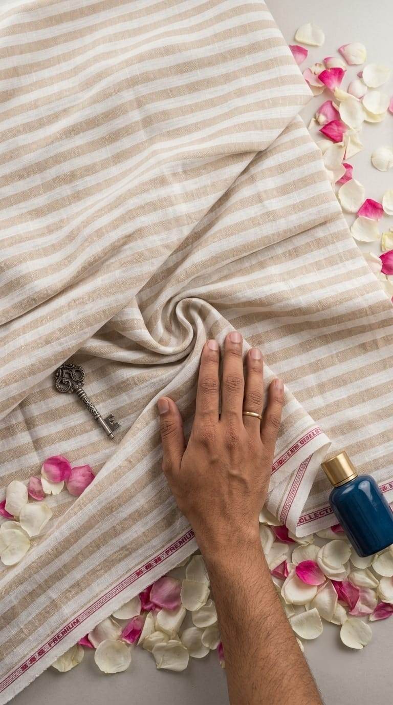 Premium Beige & White Cotton-Linen Striped  60 Lea fabric
