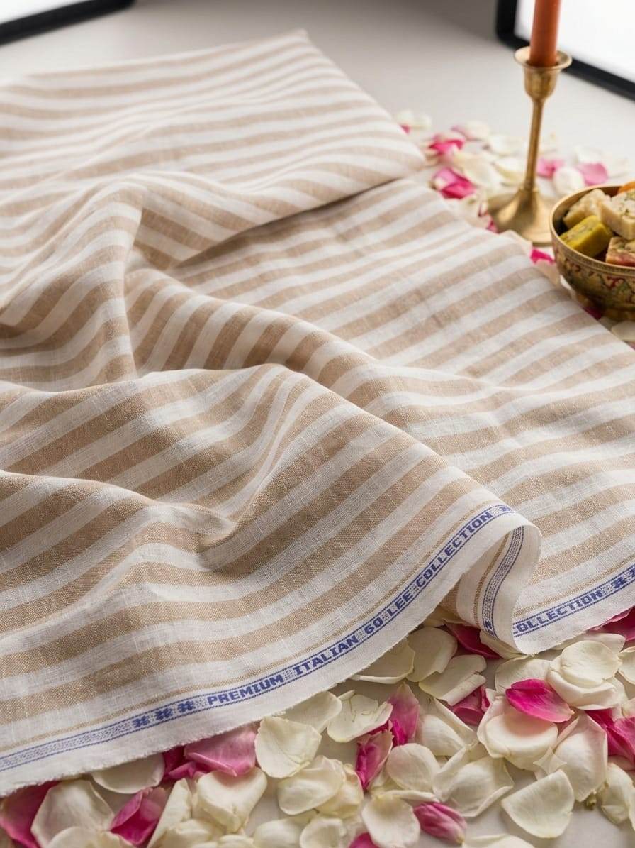 Premium Beige & White Cotton-Linen Striped  60 Lea fabric