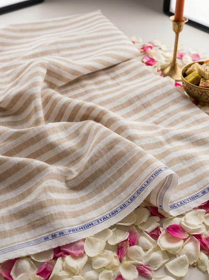 Premium Beige & White Cotton-Linen Striped  60 Lea fabric
