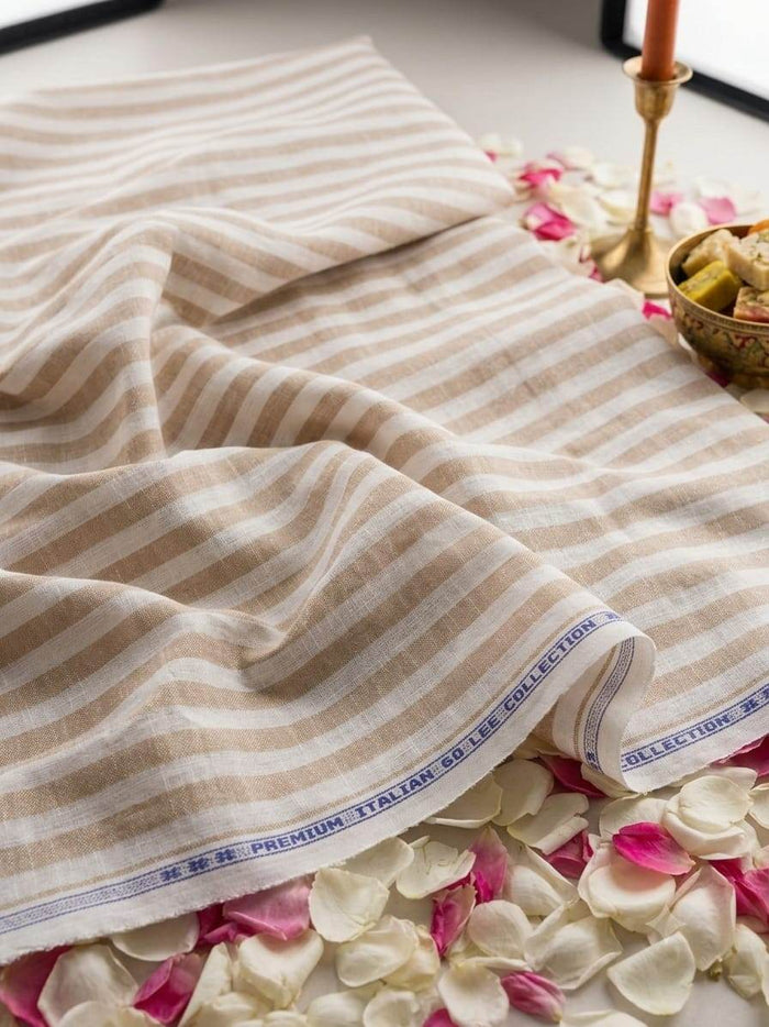 Premium Beige & White Cotton-Linen Striped  60 Lea fabric