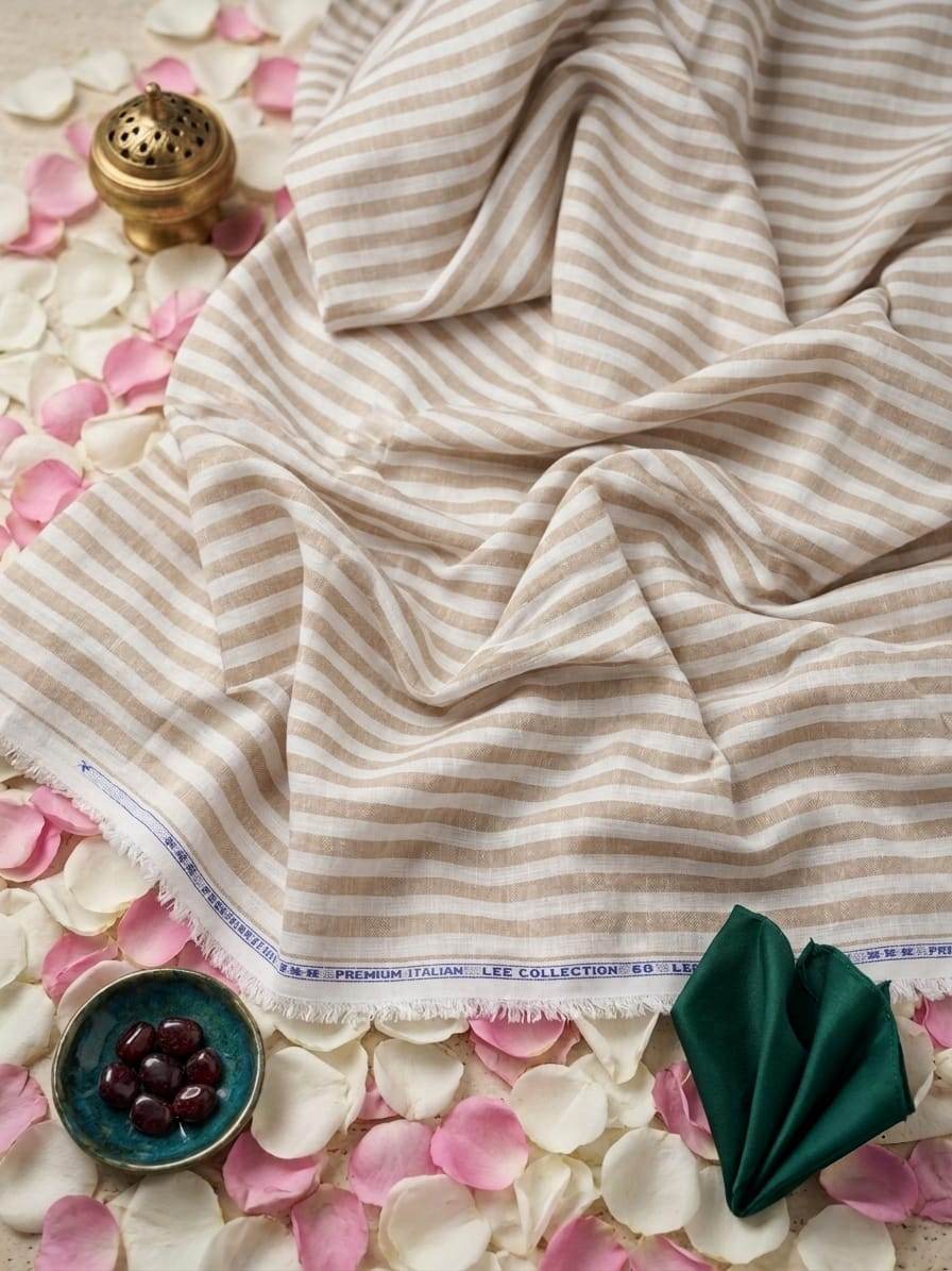 Premium Beige & White Cotton-Linen Striped  60 Lea fabric