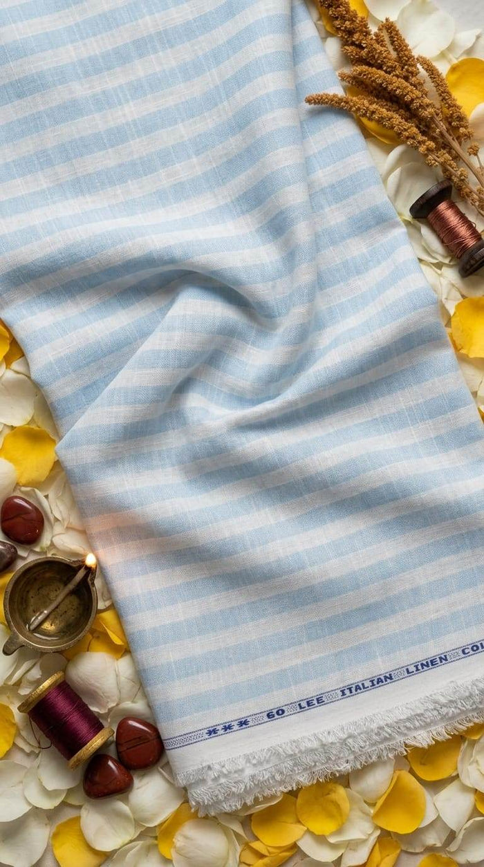 Premium Blue & White Cotton-Linen Striped  60 Lea fabric