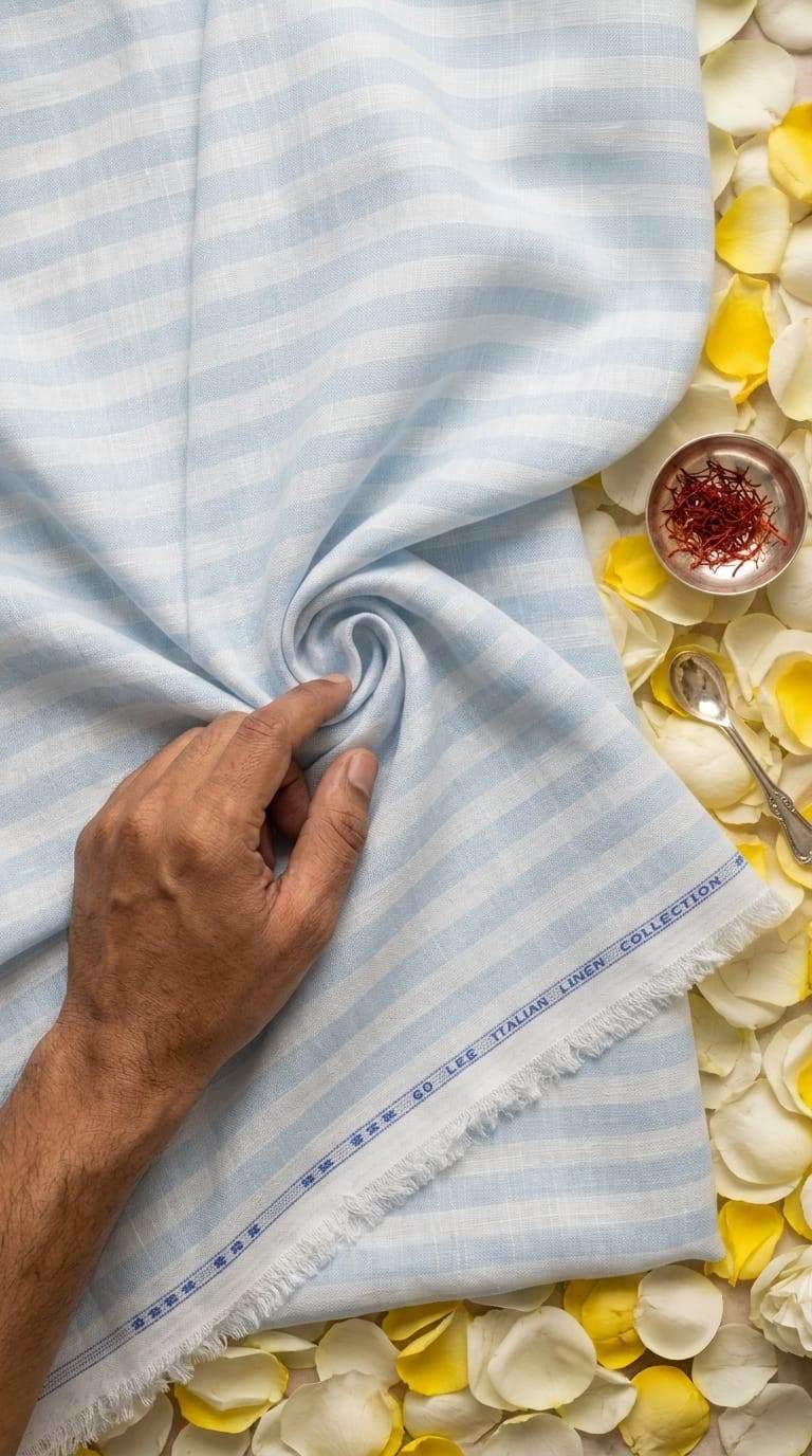 Premium Blue & White Cotton-Linen Striped  60 Lea fabric