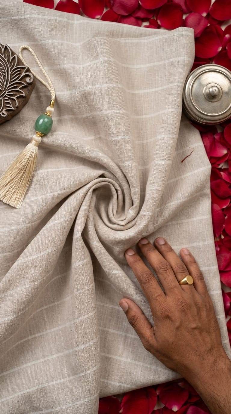 Warm Beige & White Striped Cotton-Linen 60 Lea Fabric