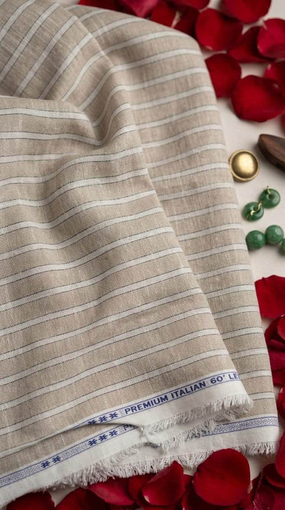 Classic Beige Striped Premium Cotton-Linen 60 Lea Fabric
