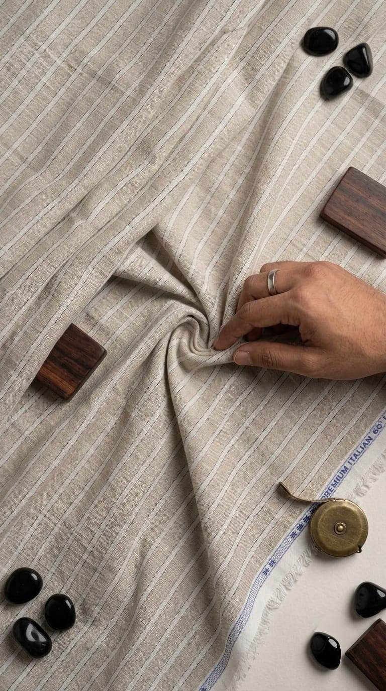 Classic Beige Striped Premium Cotton-Linen 60 Lea Fabric