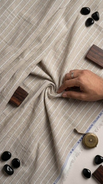 Classic Beige Striped Premium Cotton-Linen 60 Lea Fabric