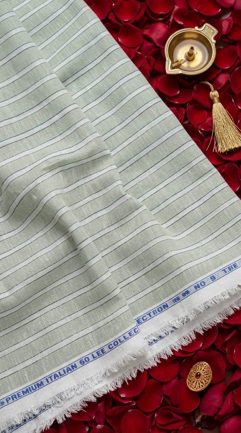 Sage Green & White Striped Cotton-Linen 60 Lea Fabric