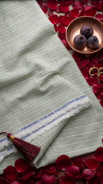 Sage Green & White Striped Cotton-Linen 60 Lea Fabric