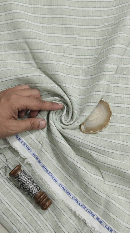 Sage Green & White Striped Cotton-Linen 60 Lea Fabric