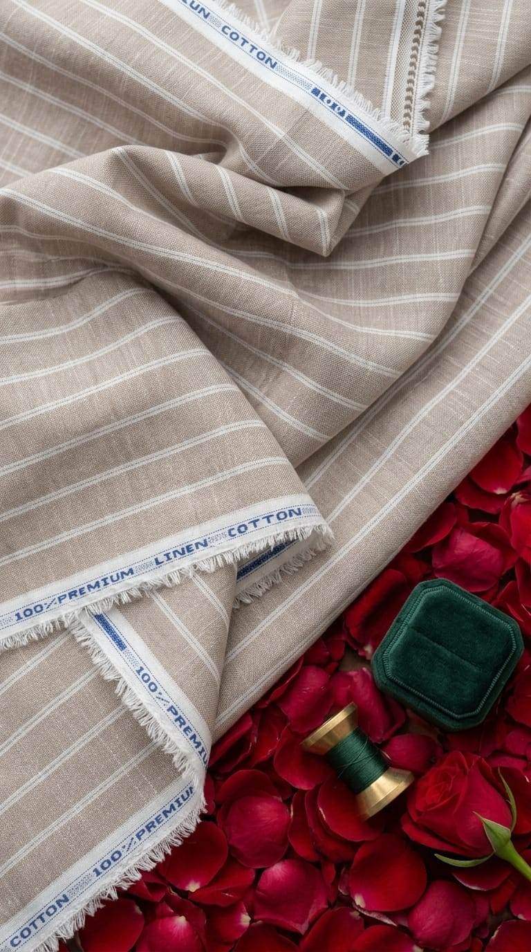 Natural Beige & White Striped Cotton-Linen 60 Lea Fabric