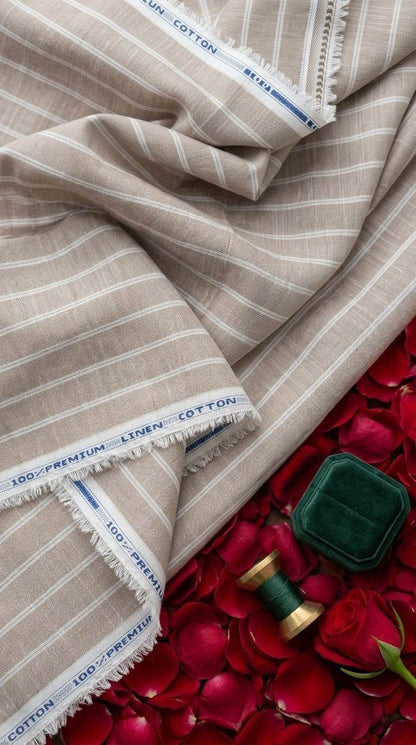 Natural Beige & White Striped Cotton-Linen 60 Lea Fabric