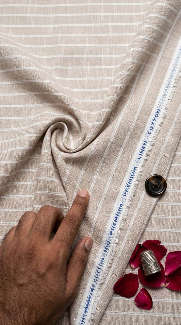 Natural Beige & White Striped Cotton-Linen 60 Lea Fabric