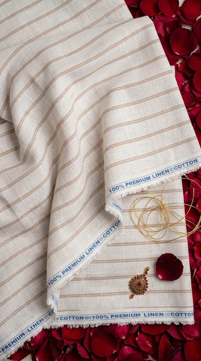Ivory & Beige Striped Premium Cotton-Linen 60 Lea Fabric